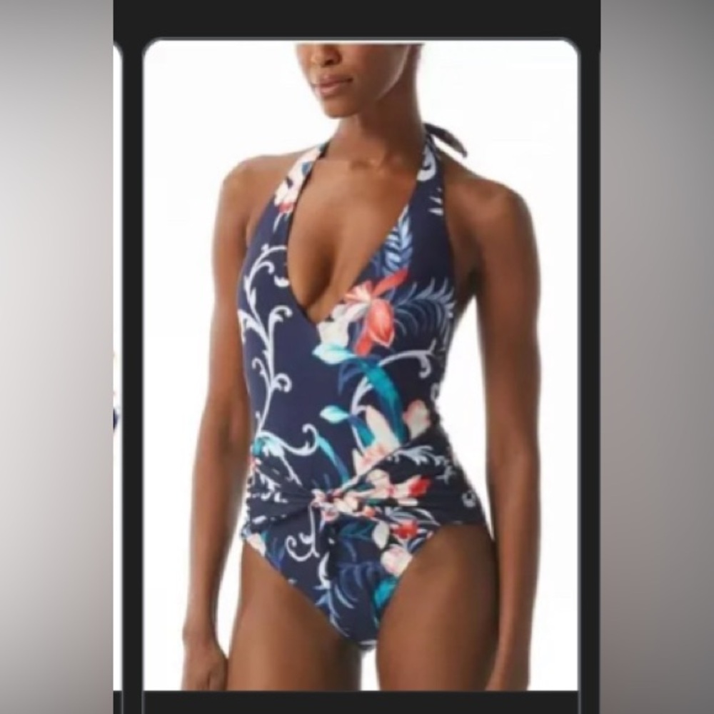Carmen Marc Valvo Floral V-Neck Halter One-Piece Swimsuit (NWT) (Retail $146)